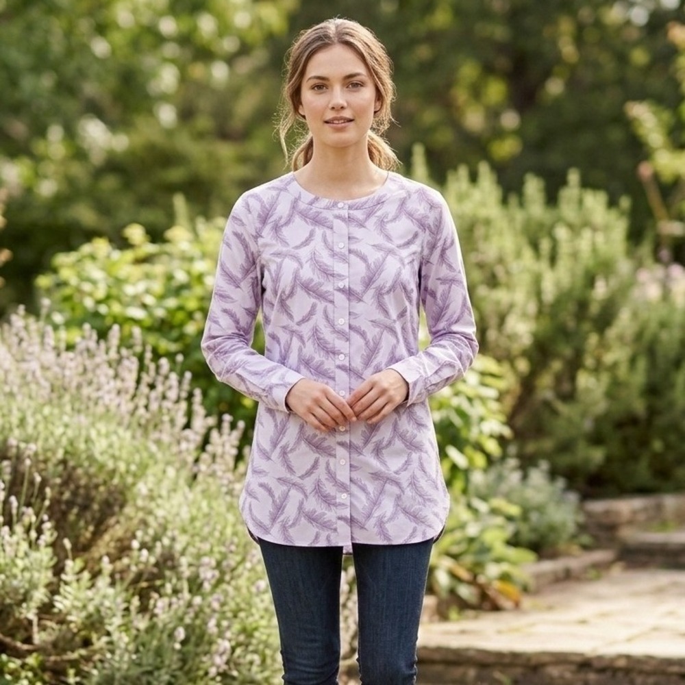 Duluth Trading Co Wrinklefighter Button Down Tunic Top Purple Feather Size S NWT